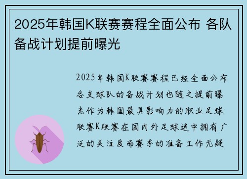 2025年韩国K联赛赛程全面公布 各队备战计划提前曝光