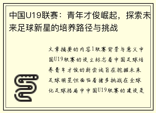 中国U19联赛：青年才俊崛起，探索未来足球新星的培养路径与挑战