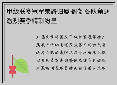 甲级联赛冠军荣耀归属揭晓 各队角逐激烈赛季精彩纷呈